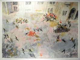 Gulyás Dénes (1927-2003): 1956 Kossuth téri sortűz a Parlamentnél. Olaj, farost, jelzett, keretben, ...