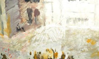 Gulyás Dénes (1927-2003): 1956 Kossuth téri sortűz a Parlamentnél. Olaj, farost, jelzett, keretben, ...