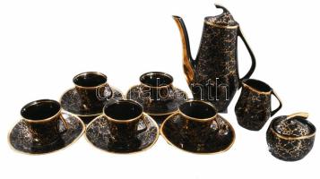 Cmielow fekete arany mintás mokkás készlet alátéttel, jelzett, 5 személyes, egy csésze és alj hiányzik, jelzett, hibátlan , d: 11 cm