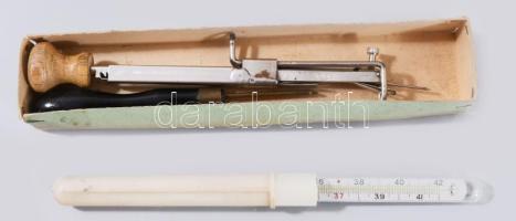 Vegyes bolha tétel: higanyos lázmérő, barométer, óra, kézimunka szerszám, stb