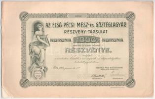 1914. Pécs "Az Első Pécsi Mész- és Gőztéglagyár Részvény-Társulat" részvénye 1000K-ról, "0258", szelvényekkel T:AU,XF hajtatlan, de sarokhiány