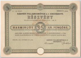1940. Ungvár "Kárpáti Villamosművek R.T. Ungvárott" részvény 35P-ről, szárazpecséttel T:AU Hungary / Ungvár 1940. "Carpathian Electric Company in Ungvár" share about 35 Pengő, with embossed stamp C:AU