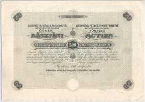 1918. Munkács "Kárpátia Kőolajfinomító Részvénytársaság" részvénye 200K-ról, bélyegzésekkel T:AU 1918. Mukačevo "The Kárpátia Rock Oil Refinery" share aboutt 200 Korona, with cancellations C:AU