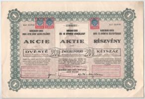 Csehszlovákia 1925. "Mannesmann-Coburg Bánya- és Kohóművek Részvénytársaság" részvénye 200K, bélyegzésekkel és szelvényekkel T:AU,XF Czechoslovakia 1925. "Mannesmann-Coburg Bánya- és Kohóművek Részvénytársaság" share about 200 Czechslovakian Korun, with overprint and coupons C:AU,XF