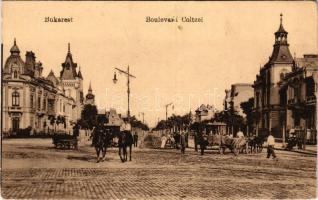 Bucharest, Bukarest, Bucuresti, Bucuresci; Boulevard Coltzei / street view, horse-drawn tram (surface damage)