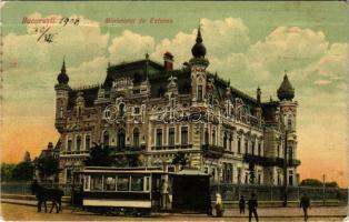1908 Bucharest, Bukarest, Bucuresti, Bucuresci; Ministerul de Externe / Ministry of Foreign Affairs, horse-drawn tram (fa)
