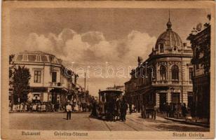 Bucharest, Bukarest, Bucuresti, Bucuresci; Grivitza-Strasse / Strada Grivita / street view, horse-drawn tram, shops (EB)