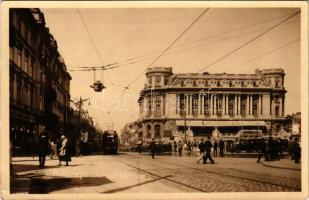 1935 Bucharest, Bukarest, Bucuresti, Bucuresci; Cercul Militar / street view, tram, shops (crease)