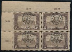 Nagyvárad 1919 Parlament 5K ívszéli 4-es tömb felfelé tolódott felülnyomással, Bodor vizsgálójellel