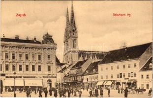 1915 Zagreb, Zágráb; Jelacicev trg / Jellasics tér, Cuk, Josip B. Deutsch, Josip Valentic, D. König, Krizman, Mijo Hercog üzlete / square, shops