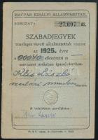 1925 Magyar Királyi Államvasutak (MÁV) Szabadjegyek tényleges vasúti alkalmazottak részére, komplett füzet, bélyegzésekkel