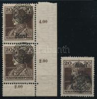 Nagyvárad 1919 Károly 20f ívsarki függőleges pár felfelé tolódott felülnyomással + támpéldány, Bodor vizsgálójellel