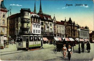 1916 Zagreb, Zágráb; Jelacicev trg / Jellasics tér, villamos, üzletek / square, tram, shops (kopott sarkak / worn corners)