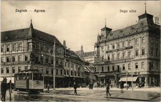1915 Zagreb, Zágráb; Duga ulica / utca, villamos, Dr. Milivoj Jambrisak és Dr. Ziga Hercog fogorvosi rendelők, üzletek / street view, tram, shops, dentists' offices