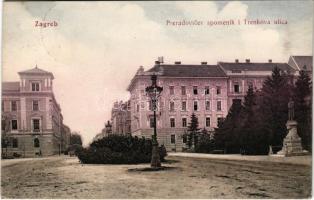 1914 Zagreb, Zágráb; Preradovicev spomenik i Trenkova ulica / street view, monument (EK)