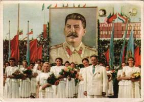 "Die Jugend der Welt will den Frieden." Sowjetischer Komsomol / Szovjet kommunista propaganda Sztálin portréjával / Soviet Communist propaganda with Stalin. Deutscher Filmverlag Berlin (EK)