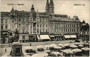 1914 Zagreb, Zágráb; Jelacicev trg / Jellasics tér, The Gresham, Kreutzer, Pollak üzlete, piac, Dr. Nikola Winterthaler fogorvosi rendelője / square, shops, market, dentist