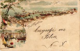 1900 Fiume, Rijeka; Port de Fiume / Fiume kikötője. Országos Ezredéves Kiállítás. Kincstári levelezőlap Posner Károly Lajos és Fia műintézetéből / Hungarian Millennium Exhibition, ship station, port, harbor. Art Nouveau, floral litho s: Cserna K. + 2 Kr. barna Ga. (fl)