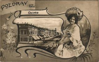 1908 Eszék, Essegg, Osijek; utca, zsinagóga, gyógyszertár (drogéria), üzletek. Szecessziós-virágos montázs keret / street view, synagogue, pharmacy, shops. Art Nouveau, floral montage frame with lady