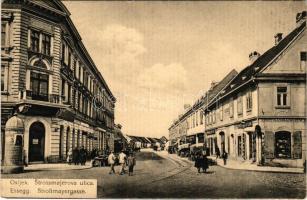 1915 Eszék, Essegg, Osijek; Strossmajerova ulica / Stroßmayergasse / Strossmayer utca, üzletek, lóvasút / street view, shops, horse-drawn tram + "OSIJEK - SZEGED 29 B" vasúti mozgóposta bélyegző (EB)