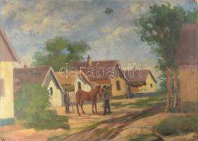 Jándi D jelzéssel: Lakok lóval. Olaj, karton, sérült. 50,5×70 cm