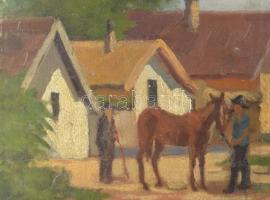 Jándi D jelzéssel: Lakok lóval. Olaj, karton, sérült. 50,5×70 cm