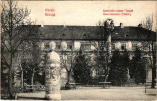 Eszék, Essegg, Osijek; Generalska vojarna (Tvrdja) / Generalkaserne (Festung) / laktanya, hirdetőoszlop, Szentháromság szobor / K.u.K. military barracks, advertising column, Holy Trinity statue