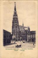 1907 Eszék, Essegg, Osijek; Gornjogradska zupna crkva / Oberstädter Pfarrkirche / Felsővárosi plébániatemplom, Corso kávéház, üzletek, piac / parish church, café, shops, market (fl)