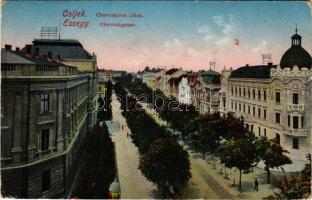 1913 Eszék, Essegg, Osijek; Chavrakova ulica / Chavrakgasse / street + "ESZÉK - BARCS - NAGYKANIZSA 26 A" vasúti mozgóposta bélyegző (kopott sarkak / worn corners)
