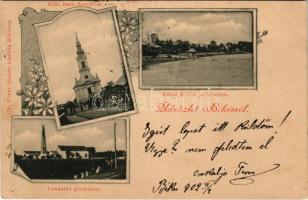 1902 Békés, Uradalmi gőzmalom, Római katolikus templom, Fehér Kőrös part részlet. Kiadja Véver Oszkár Art Nouveau floral