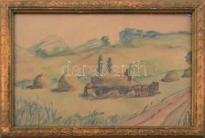 Kernstok Károly jelzéssel: Szénahordás. Akvarell, papír. Üvegezett, sérült fakeretben, 18x24 cm