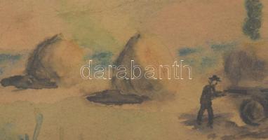 Kernstok Károly jelzéssel: Szénahordás. Akvarell, papír. Üvegezett, sérült fakeretben, 18x24 cm