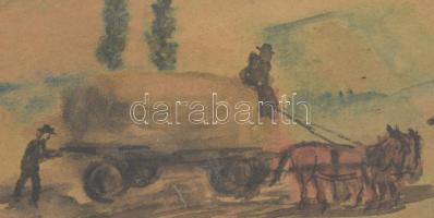 Kernstok Károly jelzéssel: Szénahordás. Akvarell, papír. Üvegezett, sérült fakeretben, 18x24 cm