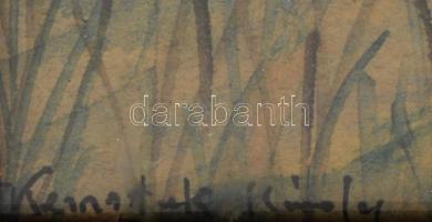 Kernstok Károly jelzéssel: Szénahordás. Akvarell, papír. Üvegezett, sérült fakeretben, 18x24 cm