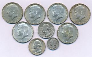 Amerikai Egyesült Államok 1941-1964. 1/4$ (25c) Ag "Washington" (2xklf) + 1942. 1d (10c) Ag "Mercury" + 1966. 1/2$ Ag "Kennedy" + 1966. 1/2$ Ag "Kennedy" (3x) + 1966. 1/2$ Ag "Kennedy" + 1966. 1/2$ Ag "Kennedy" T:AU-VF patina USA 1941-1964. 1/4 Dollar (25 Cent) Ag "Washington" (2x) + 1942. 1 Dime (10 Cents) Ag "Mercury" + 1966. 1/2 Dollar Ag "Kennedy" + 1966. 1/2 Dollar Ag "Kennedy" + 1967. 1/2 Dollar Ag "Kennedy" (3x) + 1966. 1/2 Dollar Ag "Kennedy"+ 1966. 1/2 Dollar Ag "Kennedy" C:AU-VF patina