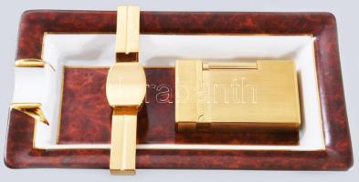 St, Dupont aranyozott öngyújtó, szálcsiszolt felülettel, jelzett, sorszámozott 65x32mm. Hozzá Limoges St. Dupont szivar hamutartó, jelzett, hibátlan 16,5x10 cm
