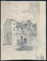 Jelzés nélkül: Alakok a ház udvarán (hátoldalán alaktanulmányok), ceruza, papír, 18x14 cm