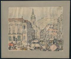 Jelzés nélkül: Piaci forgatag Budán, háttérben a Citadellával. Akvarell, tus, papír, alján sérült, kartonra kasírozva, 13,5x17 cm