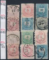 1874 Színesszámú krajcáros fogazatváltozatok 12 db bélyegen valamint köztük keskeny, magas és széles példányok, stecklapon