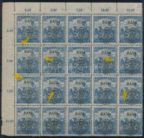 Kolozsvár 1919 Arató 25f ívsarki 20-as tömb a 2. bélyegen BAN I tévnyomat és egyéb lemezhibák, Bodor vizsgálójellel