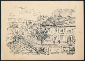 Jelzés nélkül: Utcarészlet járókelőkkel. Tus, papír, 16x22 cm