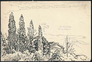 GH jelzéssel (Glatz Henrik?): Táj. Ceruza, tus, papír, 18x26,5 cm