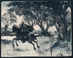 Jelzés nélkül: Vágtató lovas. Tus, akvarell, papír, 7x9 cm