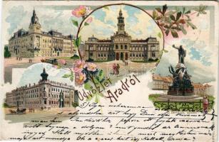 1904 Arad, Városháza, lóvasút, Vértanúk szobra, Arad-Csanádi Egyesült Vasutak palotája. Kerpel Izsó kiadása / town hall, horse-drawn railway, palace. Art Nouveau, floral, litho (r)