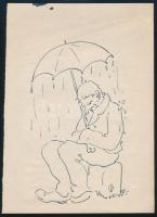 GH jelzéssel (Glatz Henrik?): Esernyős esőben. Tus, papír, 21x15 cm