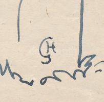 GH jelzéssel (Glatz Henrik?): Esernyős esőben. Tus, papír, 21x15 cm