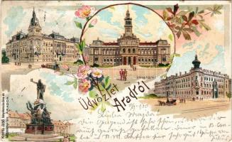 1900 Arad, Városháza, lóvasút, Vértanúk szobra, Arad-Csanádi Egyesült Vasutak palotája. Kerpel Izsó kiadása / town hall, horse-drawn railway, palace. Art Nouveau, floral, litho (EM)