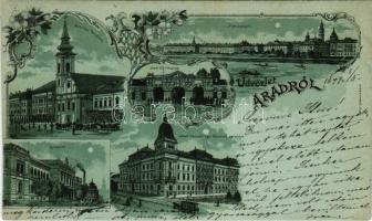 1899 Arad, Minorita templom, Maros part este holdfényben, Vár főkapuja, Arad-Csanádi Egyesült Vasutak palotája, Líceum, lóvasút / church, Mures riverside at night in moonlight, castle gate, railway palace, grammar school, horse-drawn tram. Art Nouveau, floral, litho (vágott / cut)