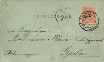 1899 Arad, Minorita templom, Maros part este holdfényben, Vár főkapuja, Arad-Csanádi Egyesült Vasuta...