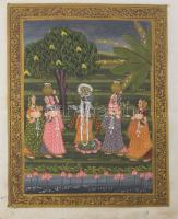 Jelzés nélkül, indiai művész: Jelenet. Vegyes technika, selyem, 52x38,5 cm